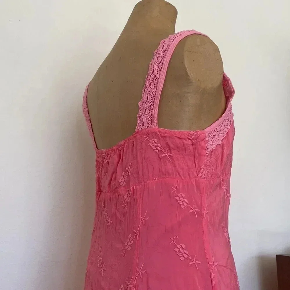 JOHNNY Was sz M ruffled embroidered pink strap dress gorgeous color beachy - Picture 3 of 9